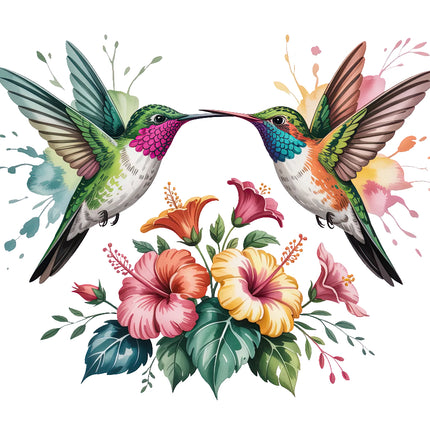 Two hummingbirds surrounded by colorful flowers fabric panel