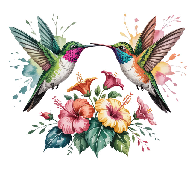 Two hummingbirds surrounded by colorful flowers fabric panel