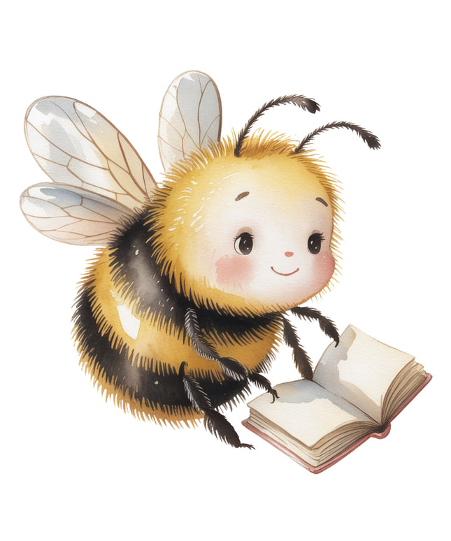 bee holding an open book fabric panel