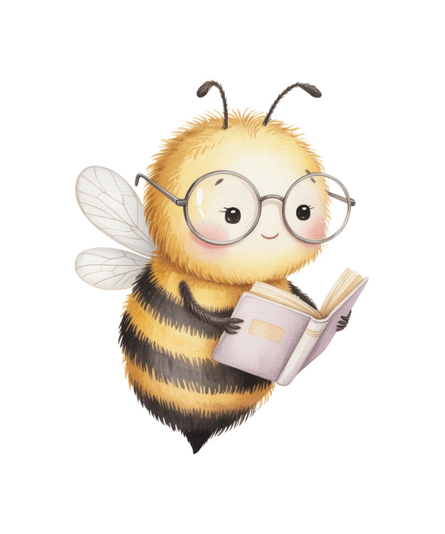 bee wearing glasses and holding a book fabric panel