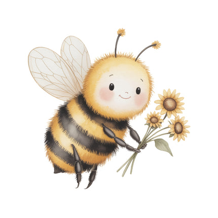 bee holding flowers fabric panel