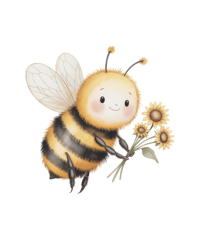 bee holding flowers fabric panel