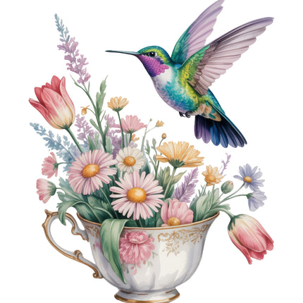 Teacup filled with flowers and a hummingbird fabric panel