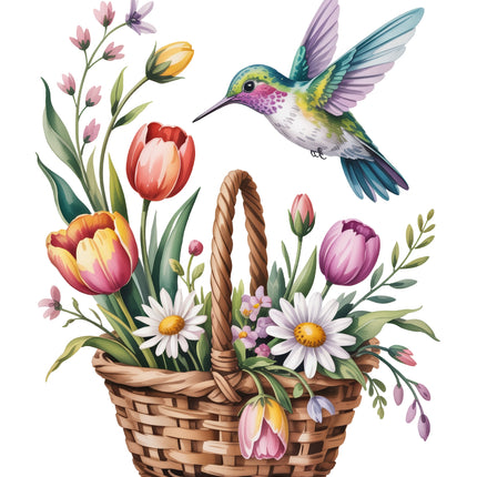 Basket of flowers with a hummingbird quilt block