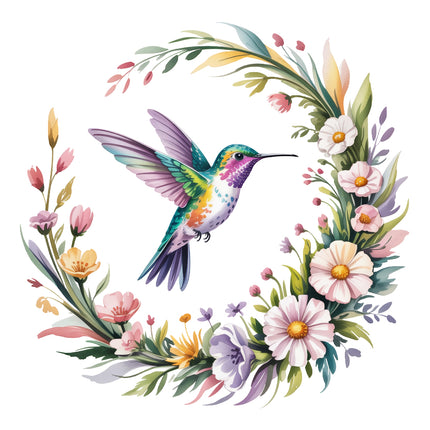 Colorful hummingbird surrounded by flowers fabric block
