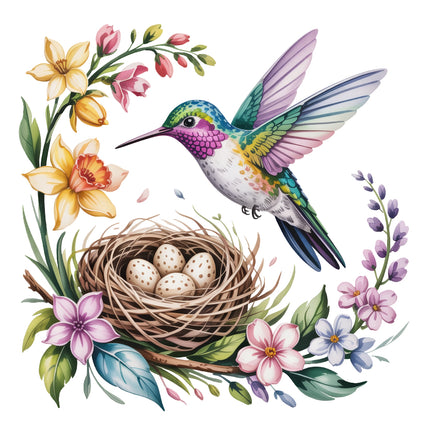 Colorful hummingbird flying over a nest with eggs and surrounded by flowers fabric panel