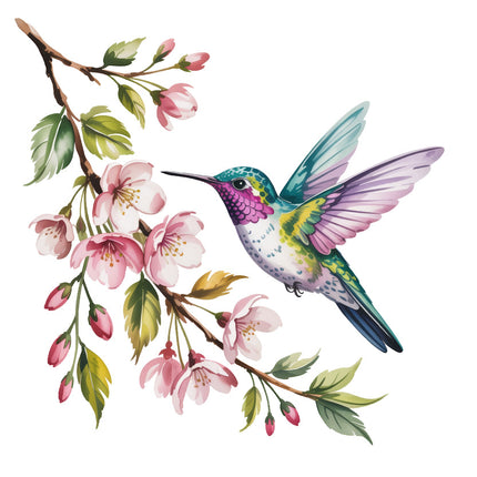 Colorful hummingbird on a branch with pink flowers and a butterfly cotton fabric panel
