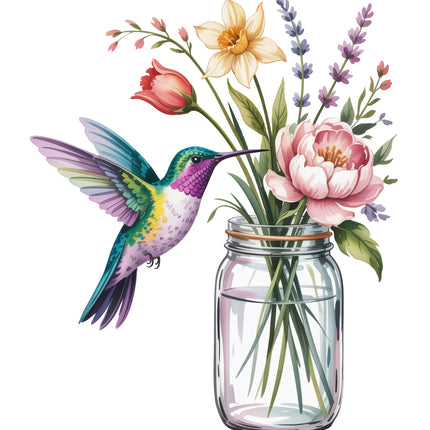 hummingbird near a glass jar with flowers cotton fabric panel