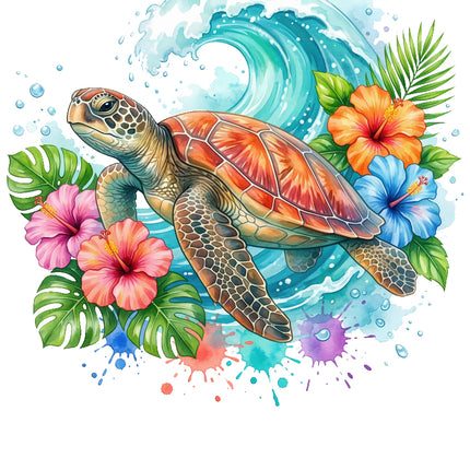 turtle surrounded by tropical flowers and leaves cotton fabric panel for sewing and quilting