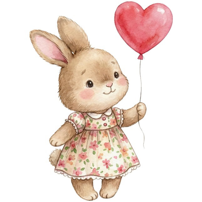 bunny in a floral dress holding a heart-shaped balloon quilt block
