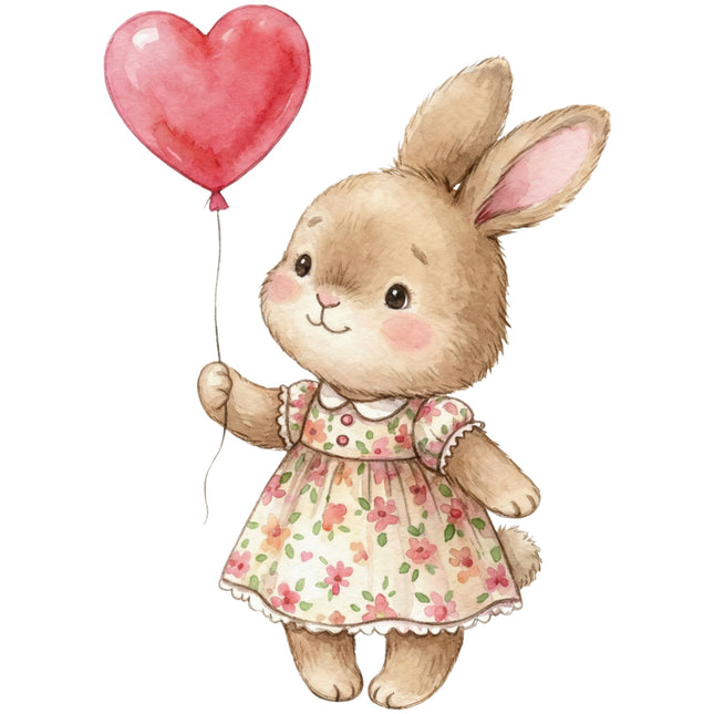 bunny holding a heart-shaped balloon cotton fabric panel for sewing and quilting