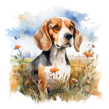 beagle dog in a field with flowers cotton fabric panel for sewing and quilting