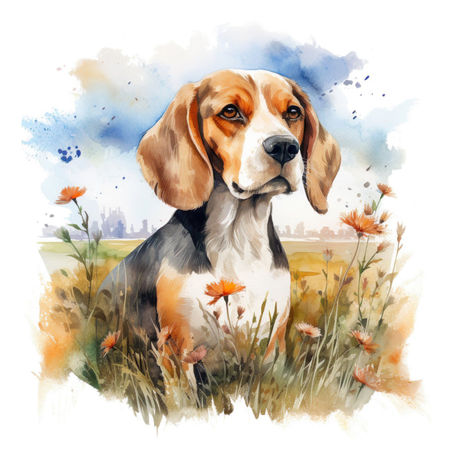 beagle dog in a field with flowers cotton fabric panel for sewing and quilting