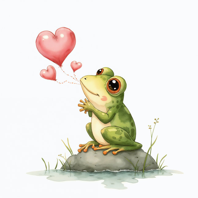 frog with heart-shaped balloons cotton fabric panel for sewing and quilting