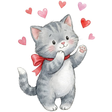 gray kitten with a red bow surrounded by hearts quilt block