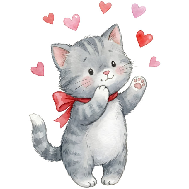 gray kitten with a red bow surrounded by hearts quilt block