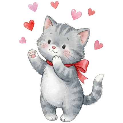 cute gray kitten with a red bow surrounded by pink hearts cotton fabric panel for sewing and quilting