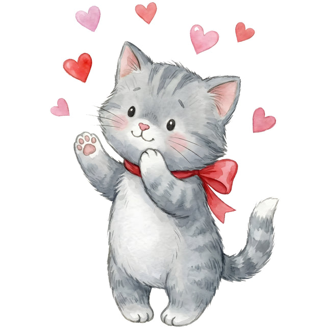 cute gray kitten with a red bow surrounded by pink hearts cotton fabric panel for sewing and quilting