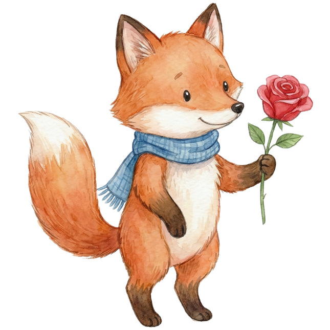 fox holding a rose with a blue scarf fabric panel for sewing and quilting
