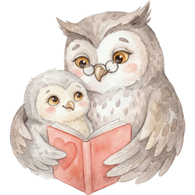 Two owls, one reading a book, fabric panel for sewing and quilting