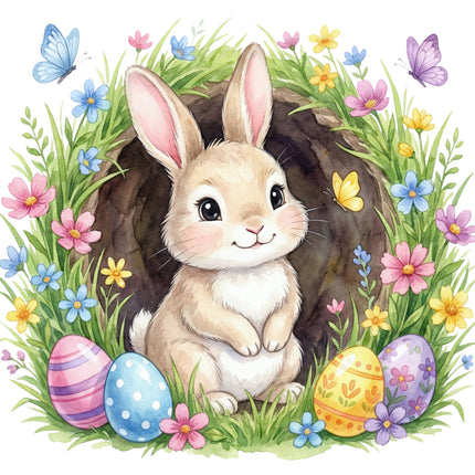 Easter bunny peeking out from a hole with colorful eggs and flowers around fabric panel