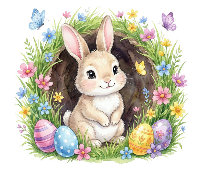 Easter bunny peeking out from a hole with colorful eggs and flowers around fabric panel
