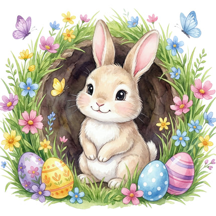 bunny peeking out from a hole with Easter eggs and flowers fabric panel for sewing and quilting