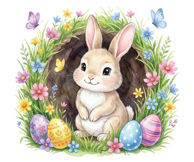 bunny peeking out from a hole with Easter eggs and flowers fabric panel for sewing and quilting