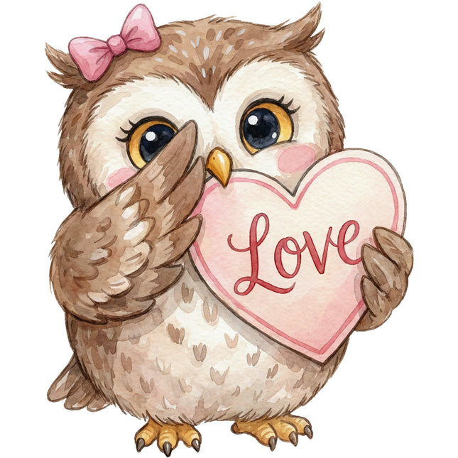 Cartoon owl holding a heart with 'Love' fabric panel