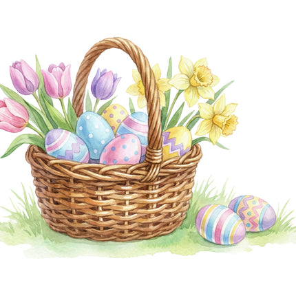 Wicker basket with Easter eggs and flowers quilt panel