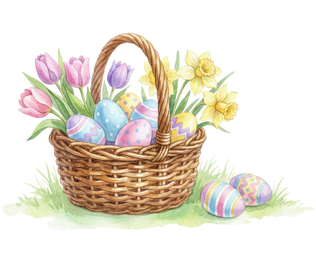 Wicker basket with Easter eggs and flowers quilt panel