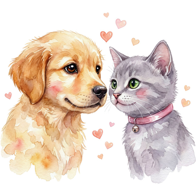dog and a cat with pink hearts around them quilt block