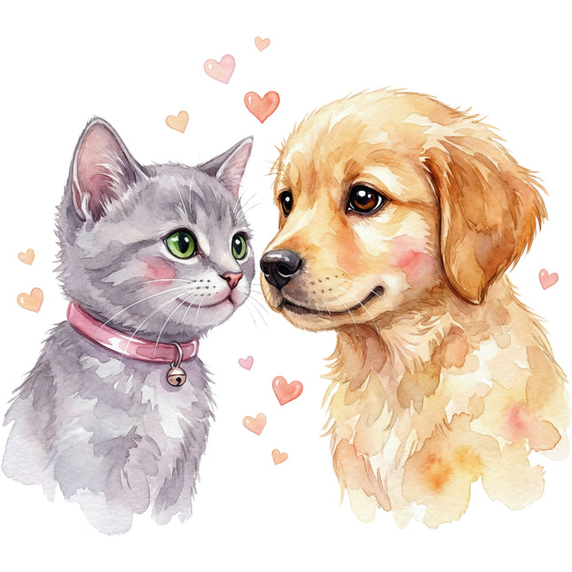 gray cat and a golden retriever puppy fabric panel for sewing and quilting