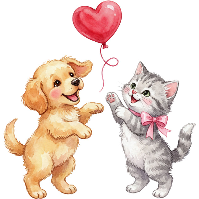 Cartoon dog and cat holding a heart-shaped balloon fabric panel
