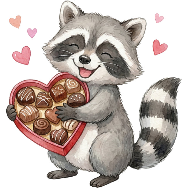 Cartoon raccoon holding a heart-shaped box of chocolates quilt block