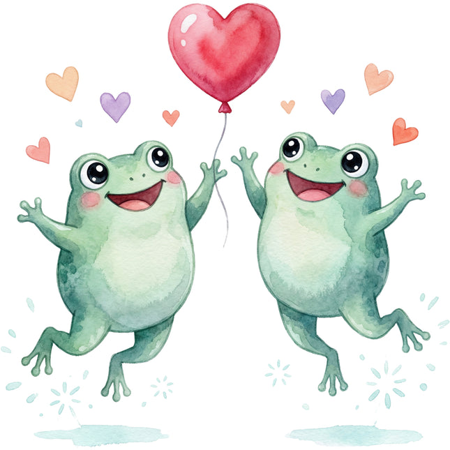 Two cartoon frogs holding a heart-shaped balloon quilt block