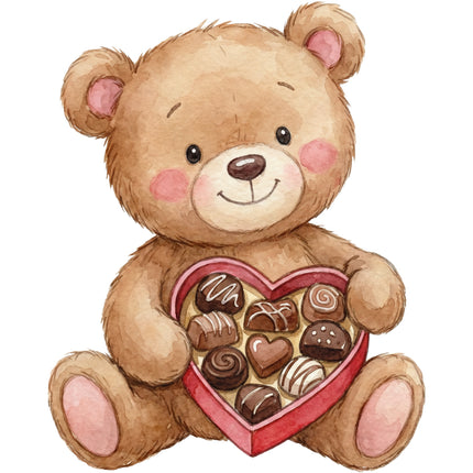 Teddy bear holding a heart-shaped box of chocolates quilt block