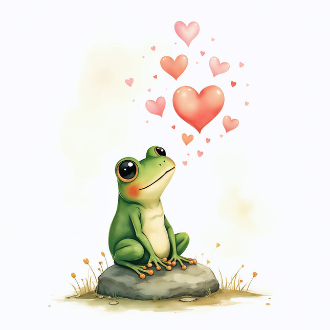 green frog sitting on a rock with heart fabric panel