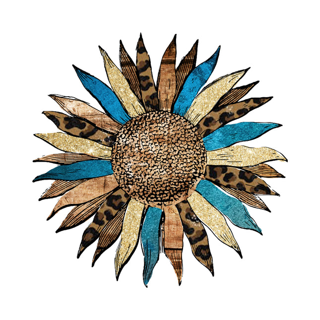 Decorative sunflower with leopard print and blue accents fabric panel