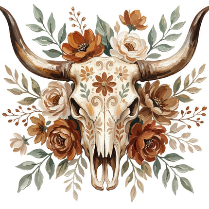 bull skull with flowers and leaves quilt panel