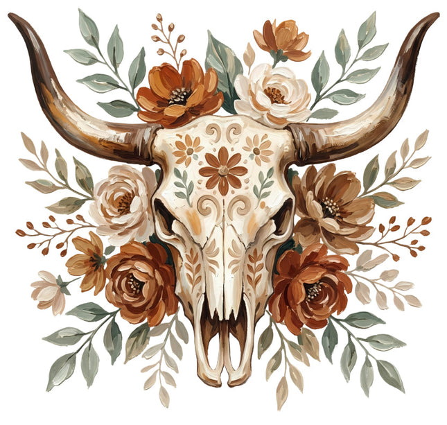 bull skull with flowers and leaves quilt panel