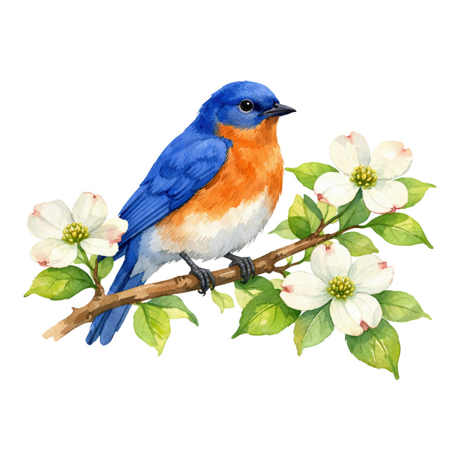 Bluebird perched on a branch with white flowers and green leaves quilt block
