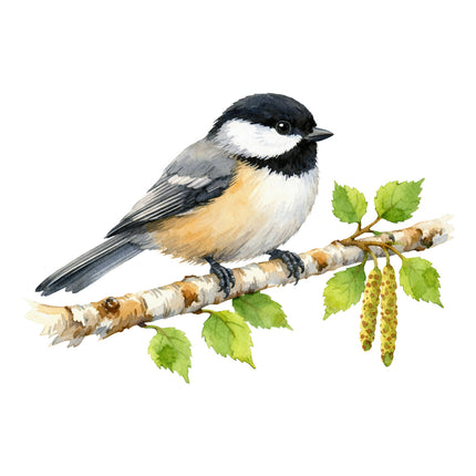 Bird perched on a branch with leaves fabric panel