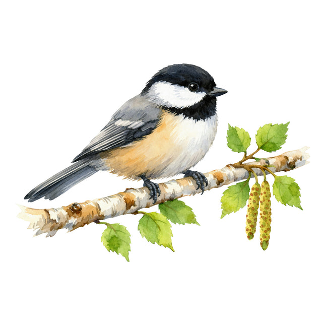 Bird perched on a branch with leaves fabric panel