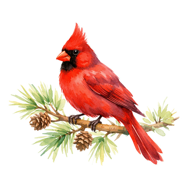 Red cardinal bird on a branch with pine cones and leaves fabric panel