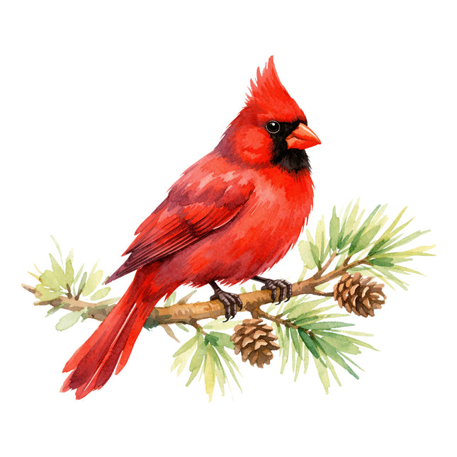 Red cardinal bird perched on a branch with pine cones fabric panel