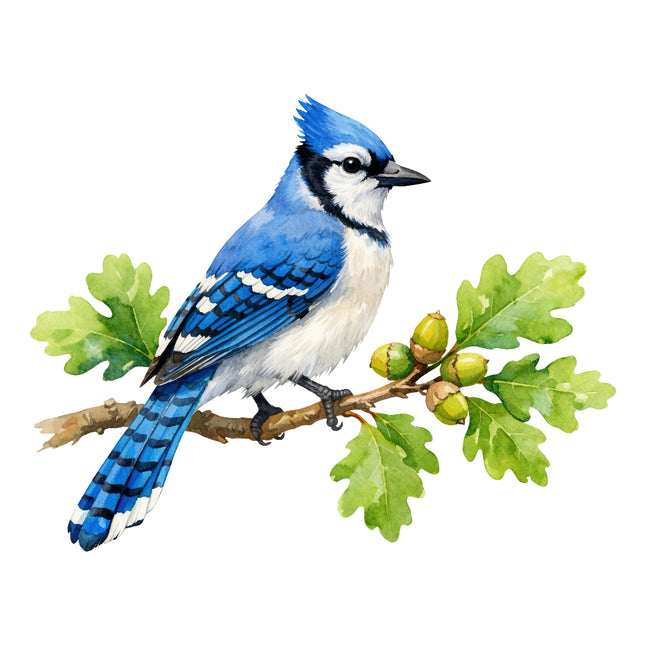 Blue jay bird perched on a branch with green leaves quilt panel