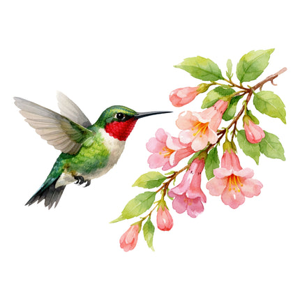 Hummingbird perched on a branch with pink flowers fabric panel