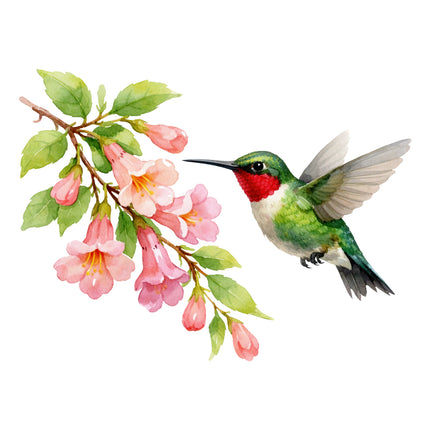 Hummingbird with pink flowers fabric panel