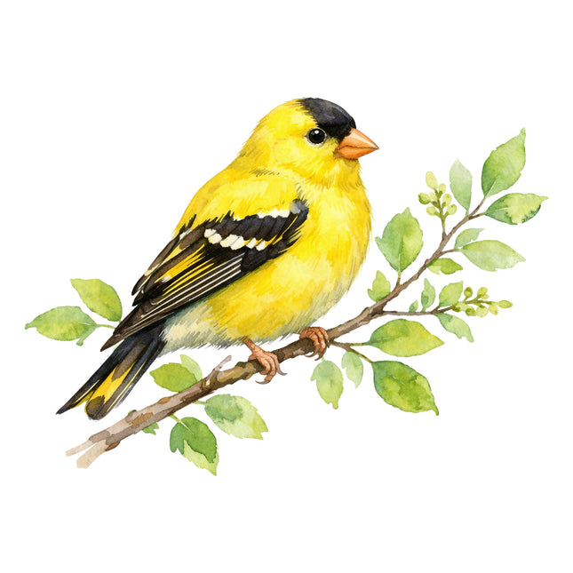 Yellow bird with black head on a branch with green leaves quilt block